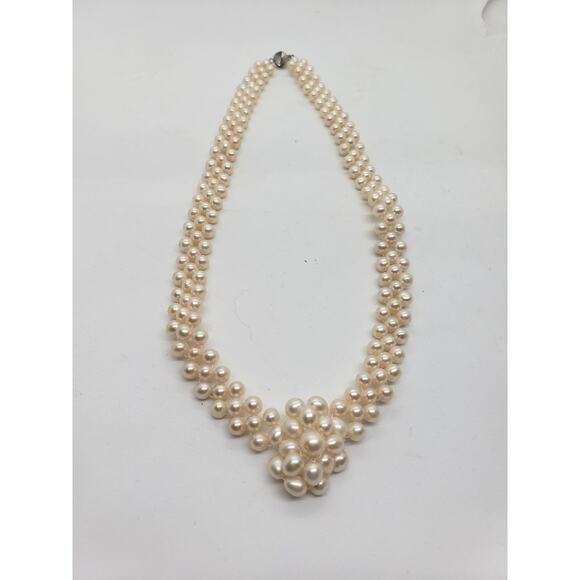 Vintage Freshwater Pearl Necklace 3 Strand & White Cluster Center woven - Picture 3 of 15
